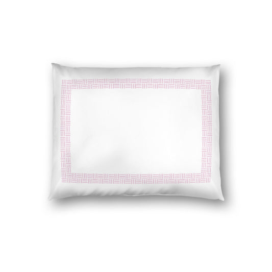 Off-white Cotton Sateen Pillow Sham, Pink Double Weave Motif Print, Classic Border, White Reverse Side, Standard - 20 x 26 inches