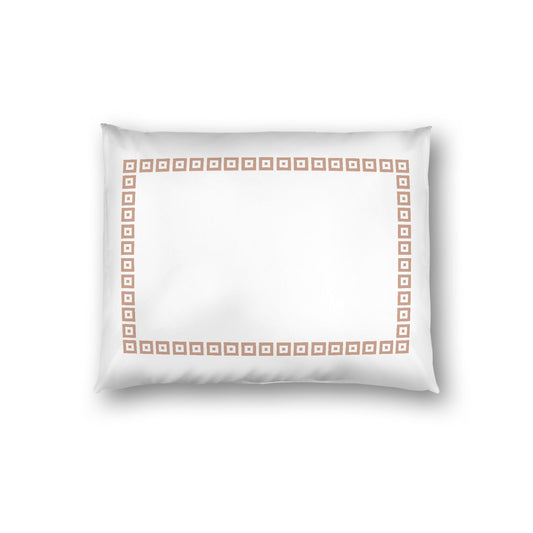 Off-white Cotton Sateen Pillow Sham, Salmon Repeating Square Motif Print, Classic Border, White Reverse Side, Standard - 20 x 26 inches