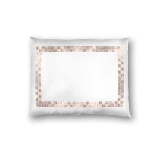 Off-white Cotton Sateen Pillow Sham, Salmon Double Weave Motif Print, Classic Border, White Reverse Side, Standard - 20 x 26 inches