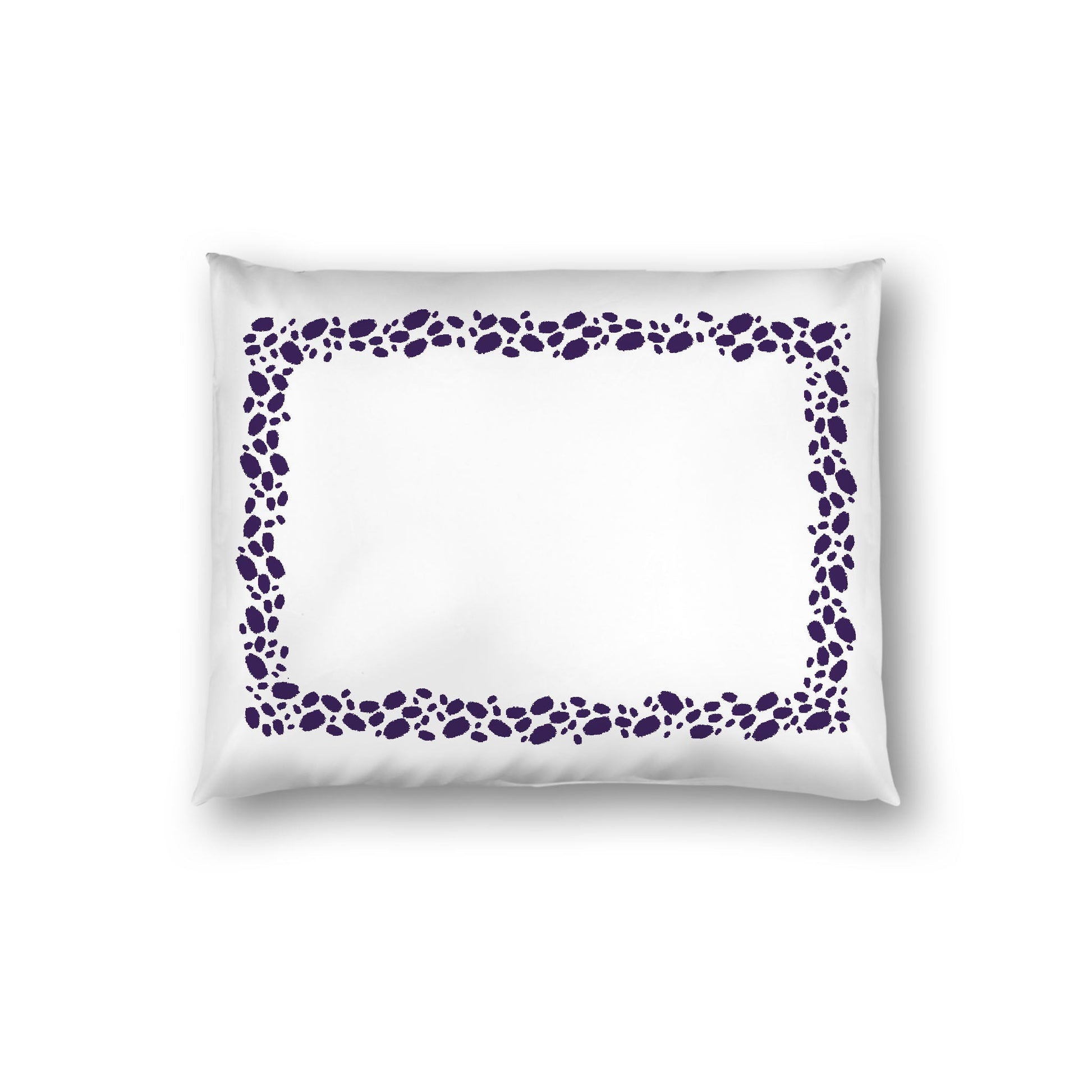 Off-white Cotton Sateen Pillow Sham, Purple Hand-painted Dab Motif Print, Classic Border, White Reverse Side, Standard - 20 x 26 inches