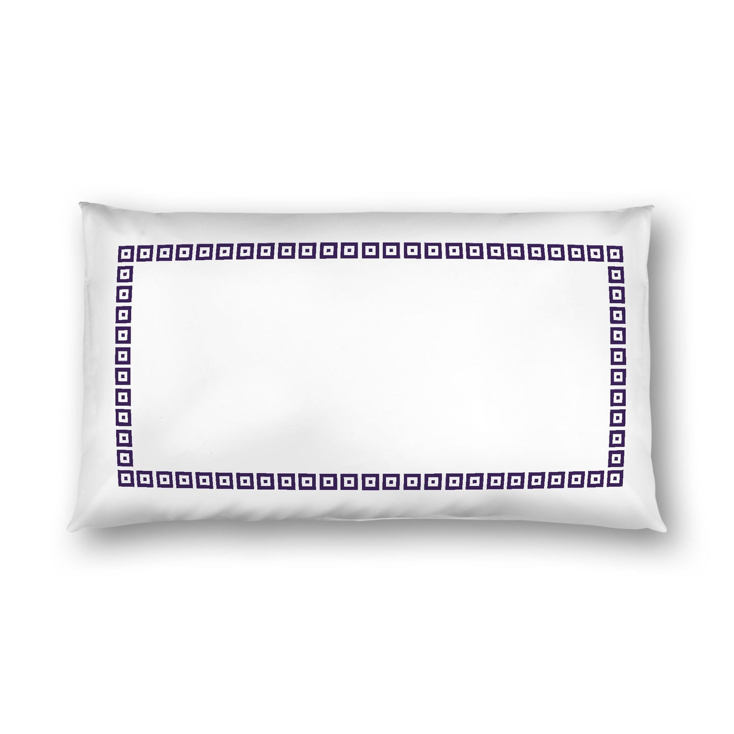 Off-white Cotton Sateen Pillow Sham, Purple Repeating Square Motif Print, Classic Border, White Reverse Side, King - 20 x 36 inches