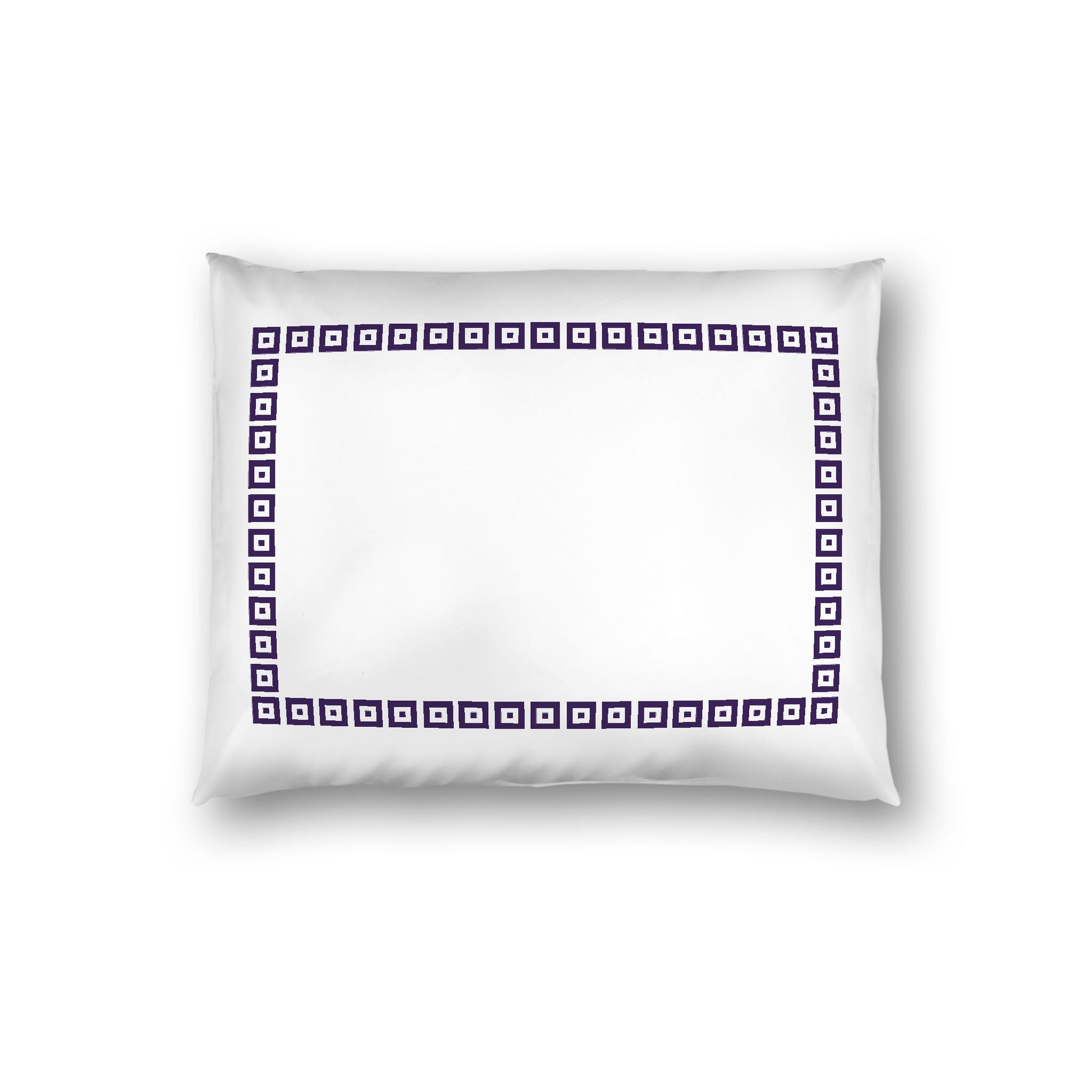 Off-white Cotton Sateen Pillow Sham, Purple Repeating Square Motif Print, Classic Border, White Reverse Side, Standard - 20 x 26 inches