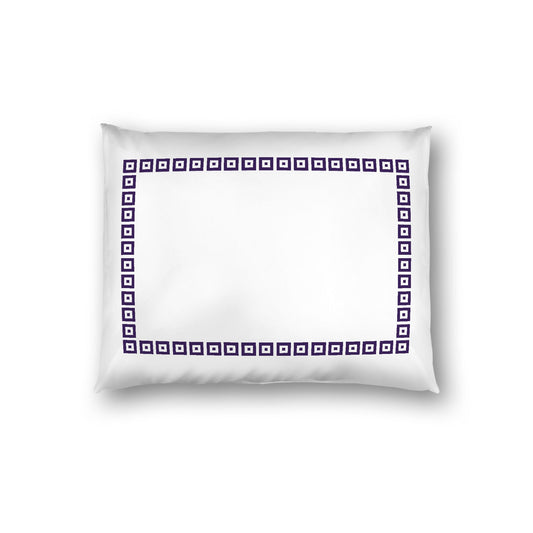 Off-white Cotton Sateen Pillow Sham, Purple Repeating Square Motif Print, Classic Border, White Reverse Side, Standard - 20 x 26 inches