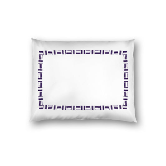 Off-white Cotton Sateen Pillow Sham, Purple Single Weave Motif Print, Classic Border, White Reverse Side, Standard - 20 x 26 inches