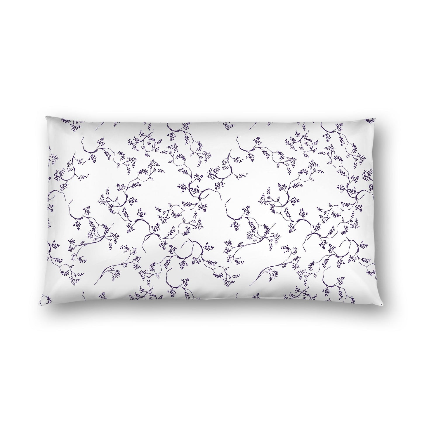 Off-white Cotton Sateen Pillow Sham, Purple Hand-painted Vine Print, White Reverse Side, King - 20 x 36 inches