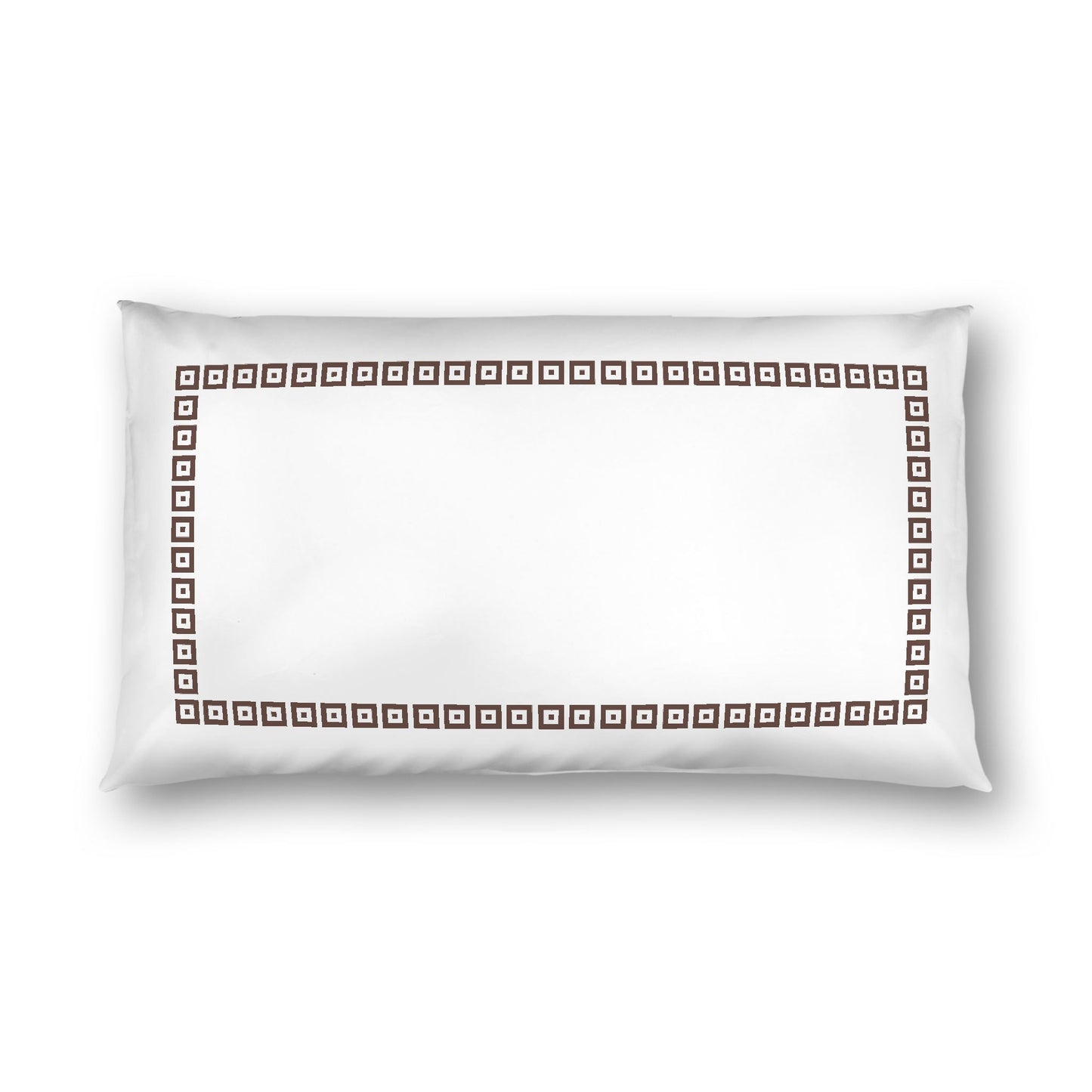 Off-white Cotton Sateen Pillow Sham, Brown Repeating Square Motif Print, Classic Border, White Reverse Side, King - 20 x 36 inches