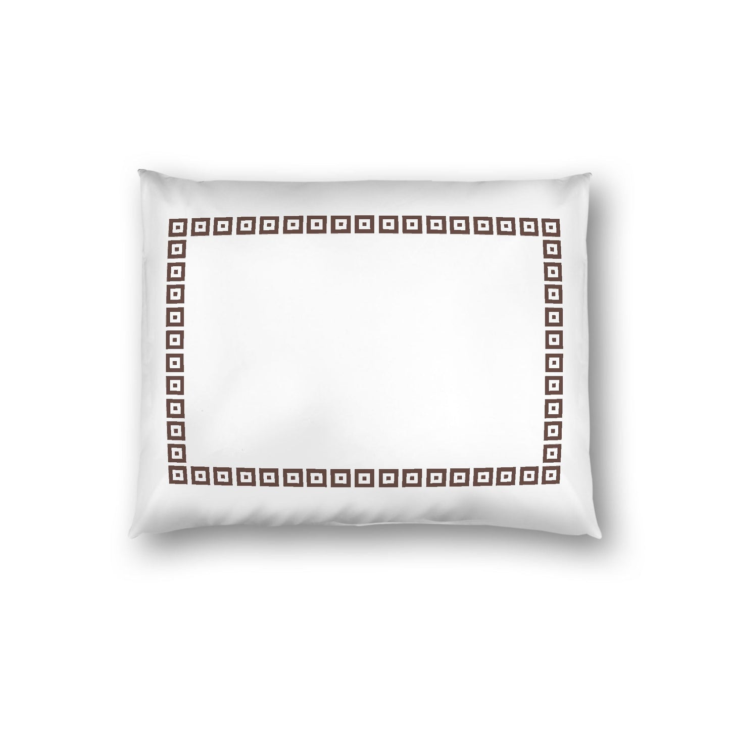 Off-white Cotton Sateen Pillow Sham, Brown Repeating Square Motif Print, Classic Border, White Reverse Side, Standard - 20 x 26 inches