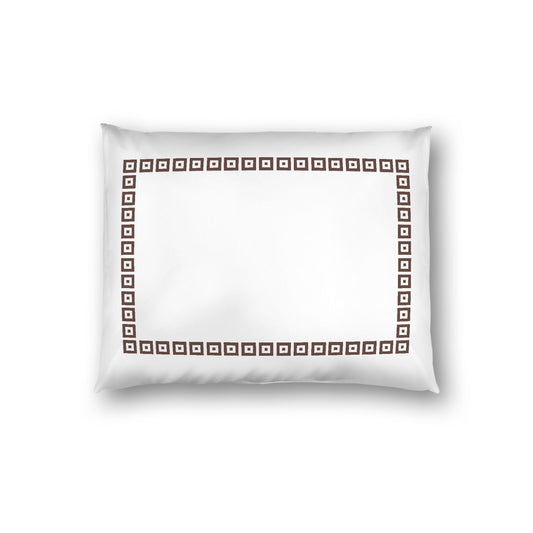 Off-white Cotton Sateen Pillow Sham, Brown Repeating Square Motif Print, Classic Border, White Reverse Side, Standard - 20 x 26 inches
