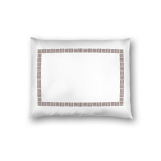 Off-white Cotton Sateen Pillow Sham, Brown Single Weave Motif Print, Classic Border, White Reverse Side, Standard - 20 x 26 inches