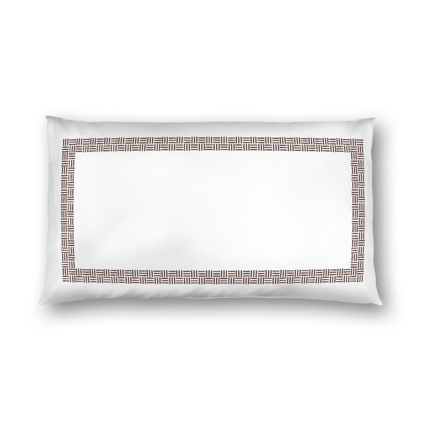 Off-white Cotton Sateen Pillow Sham, Brown Double Weave Motif Print, Classic Border, White Reverse Side, King - 20 x 36 inches