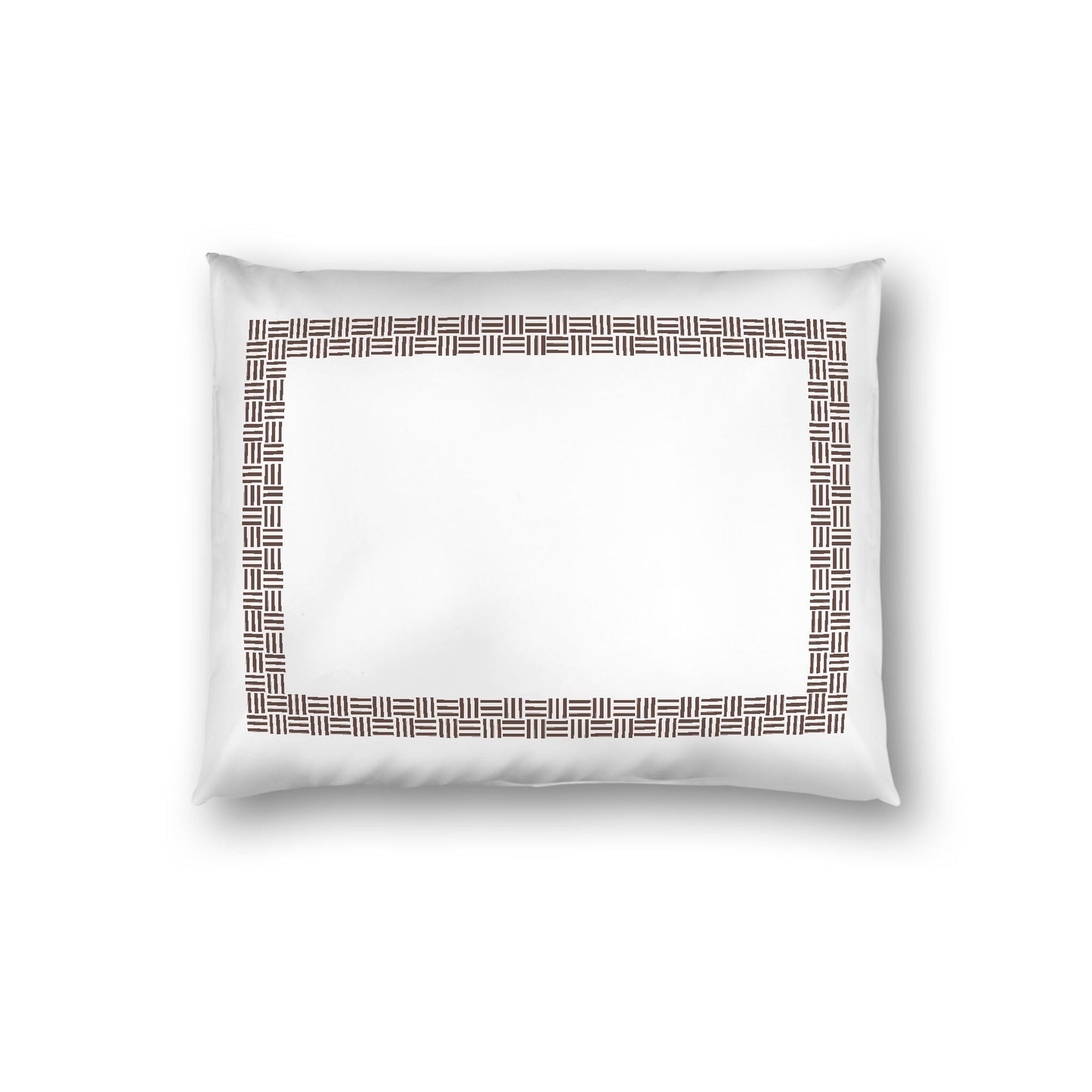 Off-white Cotton Sateen Pillow Sham, Brown Double Weave Motif Print, Classic Border, White Reverse Side, Standard - 20 x 26 inches