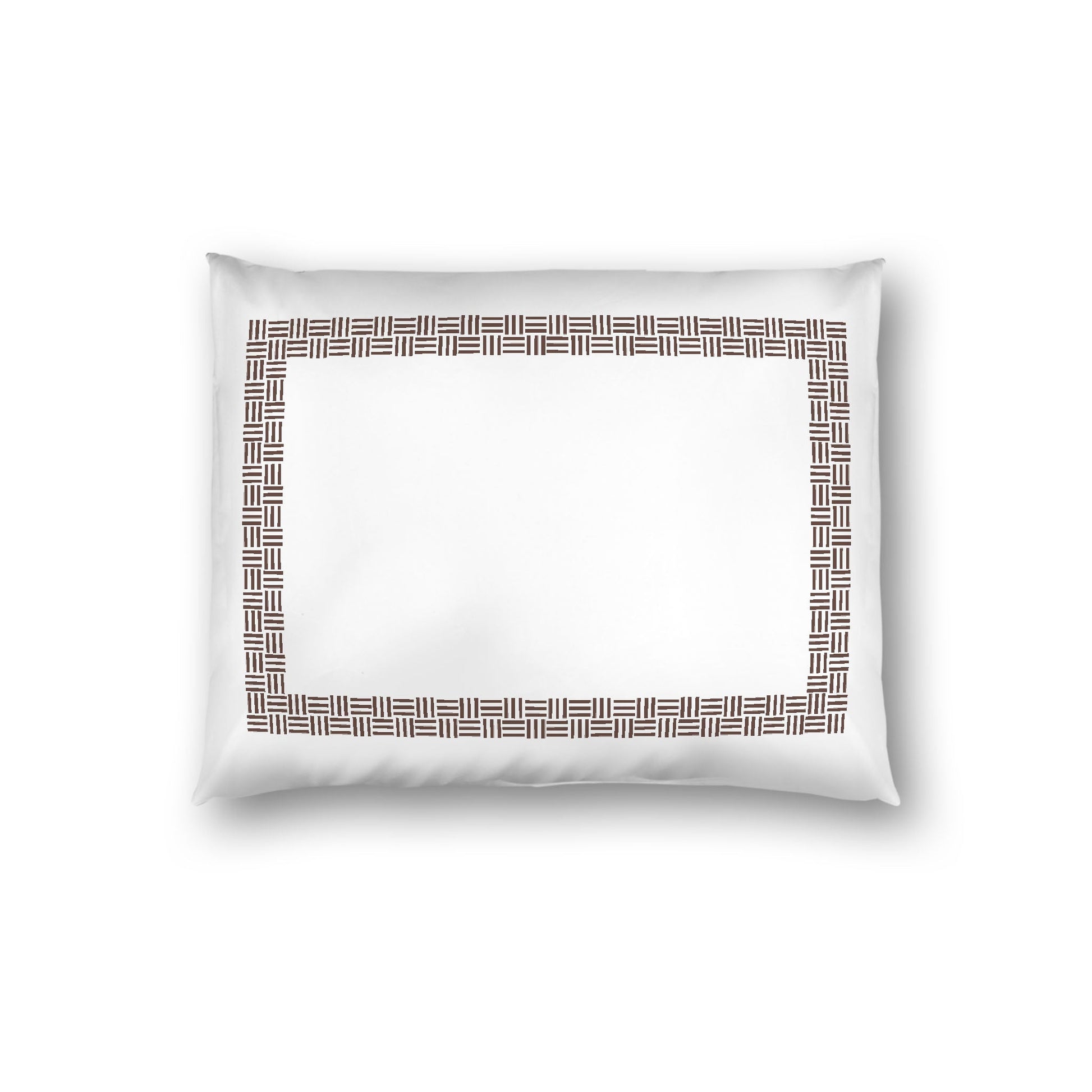 Off-white Cotton Sateen Pillow Sham, Brown Double Weave Motif Print, Classic Border, White Reverse Side, Standard - 20 x 26 inches