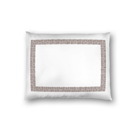 Off-white Cotton Sateen Pillow Sham, Brown Double Weave Motif Print, Classic Border, White Reverse Side, Standard - 20 x 26 inches