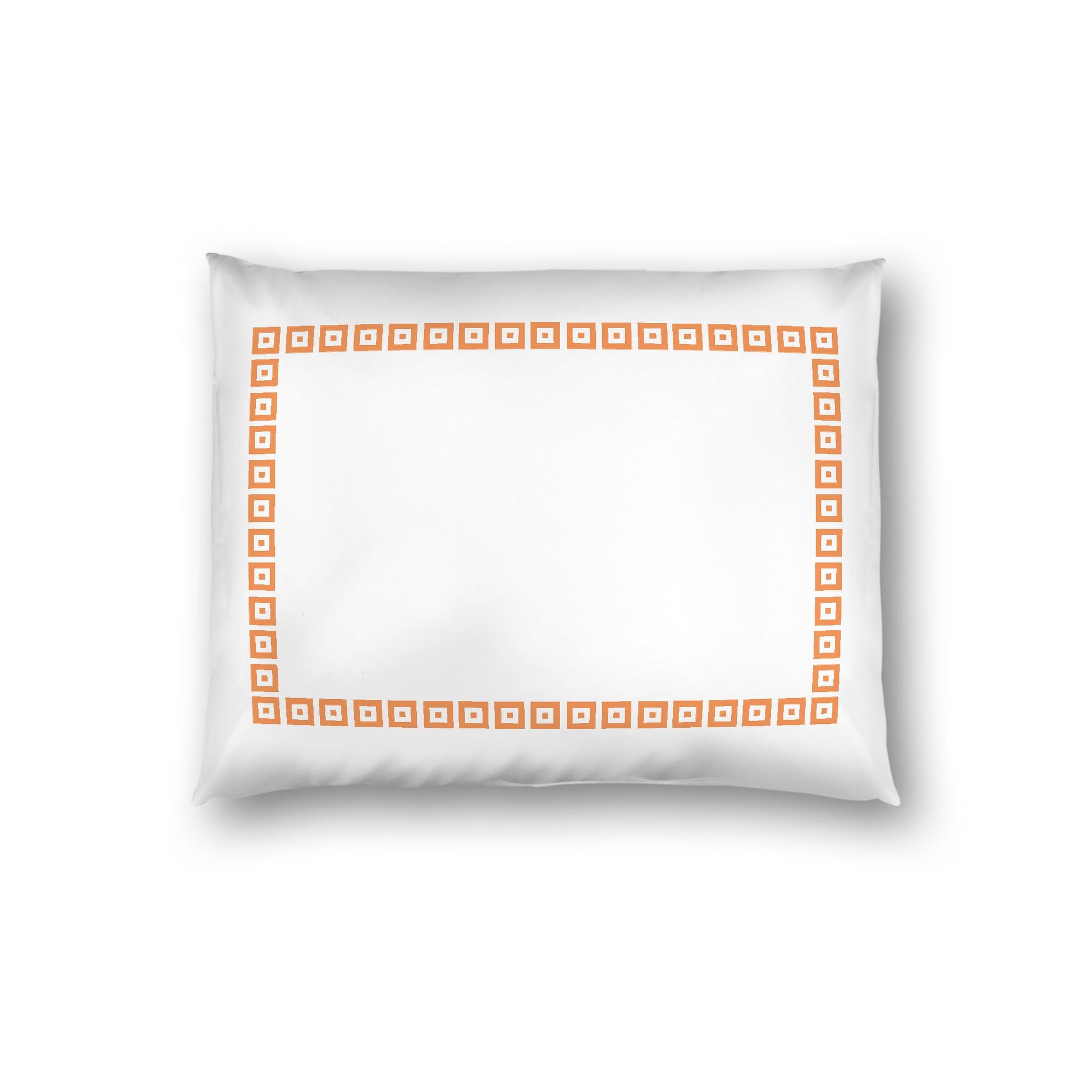 Off-white Cotton Sateen Pillow Sham, Orange Repeating Square Motif Print, Classic Border, White Reverse Side, Standard - 20 x 26 inches
