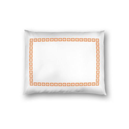 Off-white Cotton Sateen Pillow Sham, Orange Repeating Square Motif Print, Classic Border, White Reverse Side, Standard - 20 x 26 inches