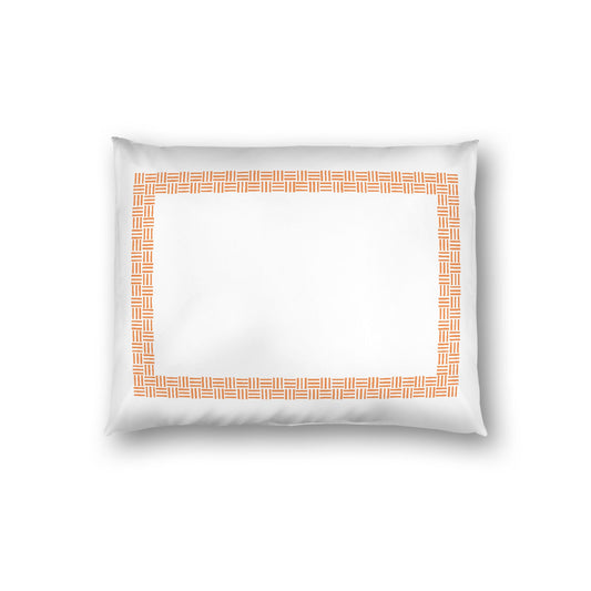 Off-white Cotton Sateen Pillow Sham, Orange Double Weave Motif Print, Classic Border, White Reverse Side, Standard - 20 x 26 inches