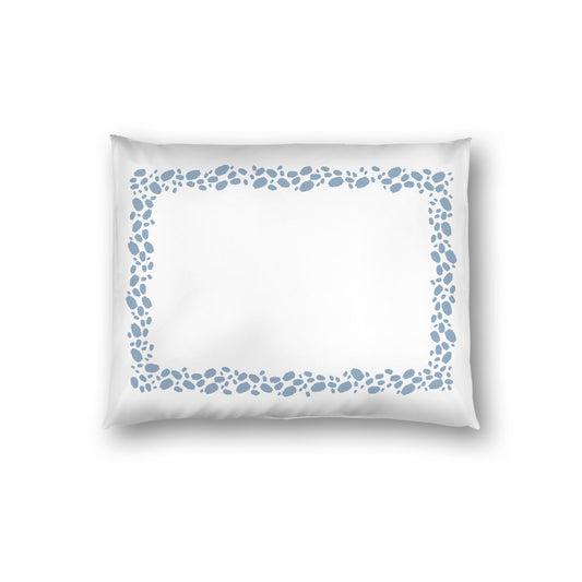 Off-white Cotton Sateen Pillow Sham, Blue Hand-painted Dab Motif Print, Classic Border, White Reverse Side, Standard - 20 x 26 inches