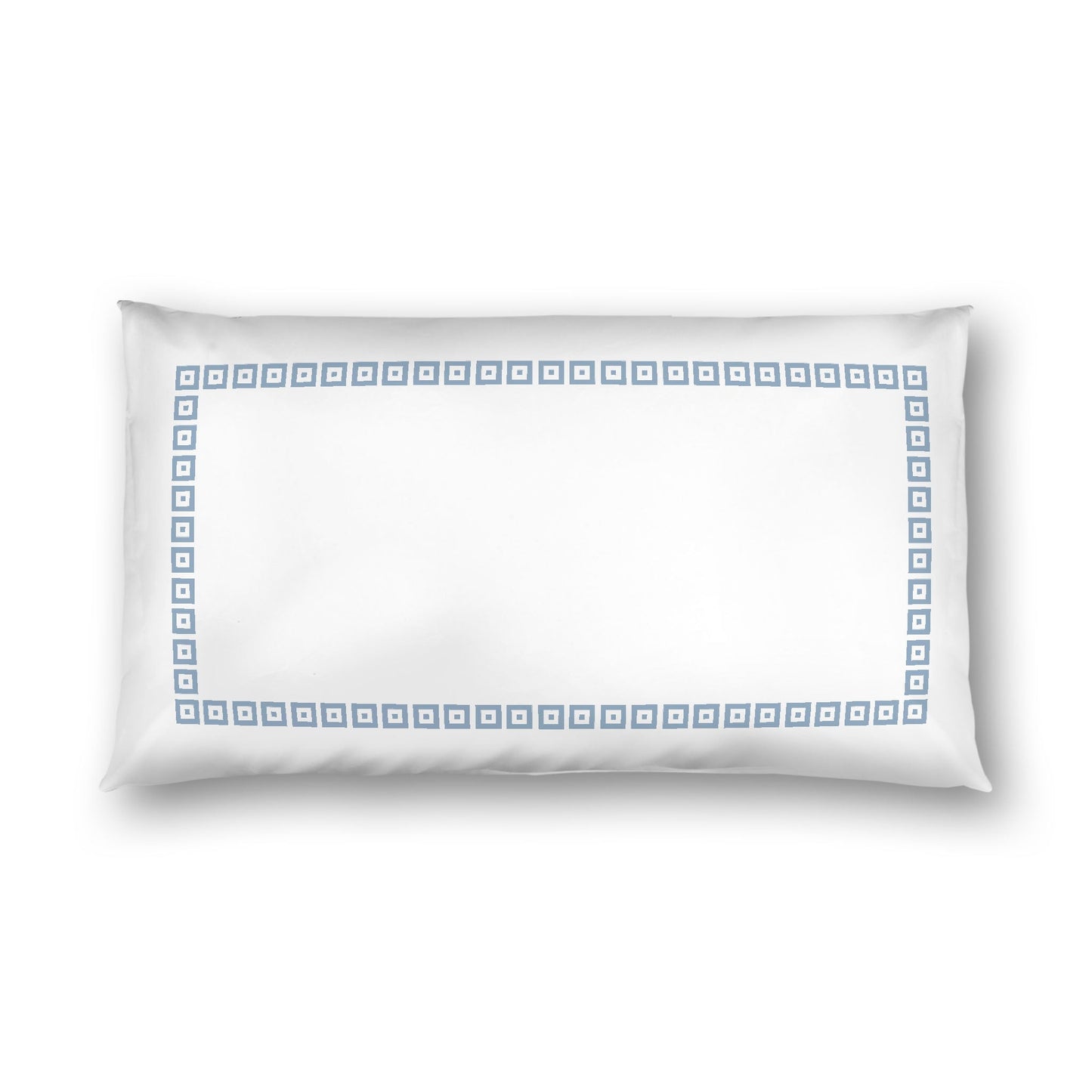 Off-white Cotton Sateen Pillow Sham, Blue Repeating Square Motif Print, Classic Border, White Reverse Side, King - 20 x 36 inches