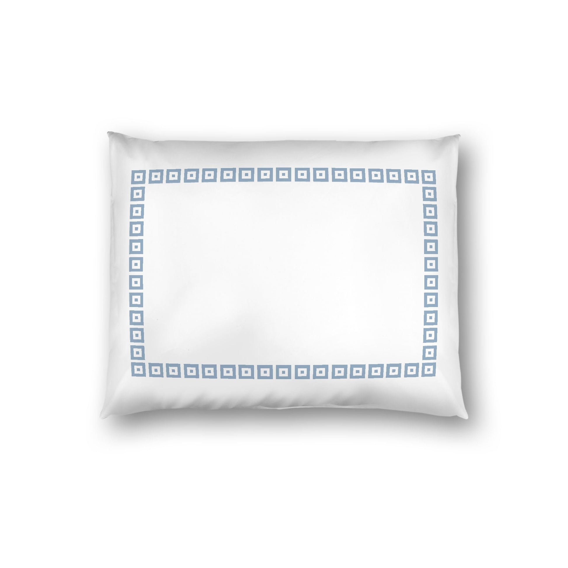 Off-white Cotton Sateen Pillow Sham, Blue Repeating Square Motif Print, Classic Border, White Reverse Side, Standard - 20 x 26 inches
