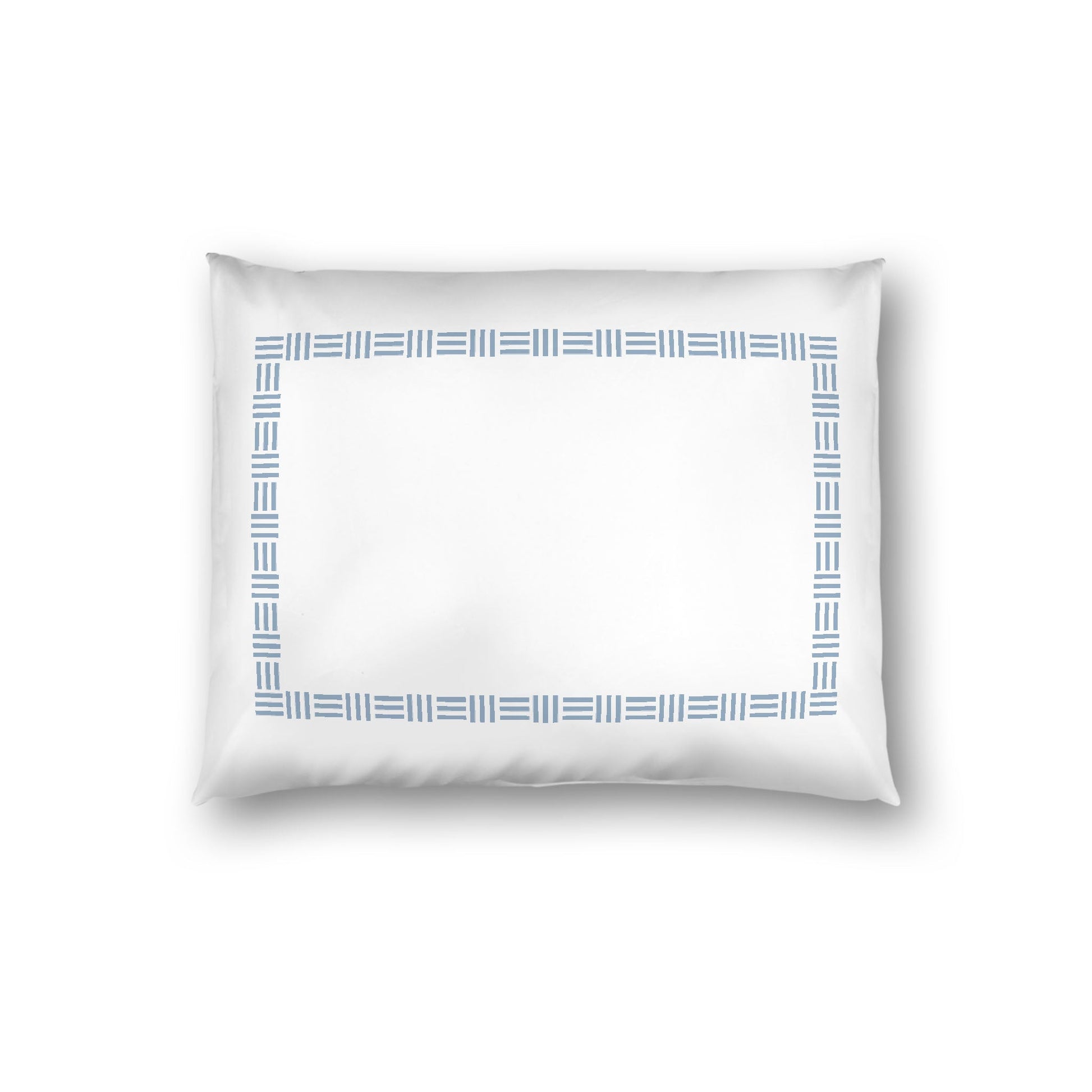 Off-white Cotton Sateen Pillow Sham, Blue Single Weave Motif Print, Classic Border, White Reverse Side, Standard - 20 x 26 inches