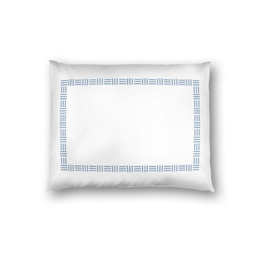Off-white Cotton Sateen Pillow Sham, Blue Single Weave Motif Print, Classic Border, White Reverse Side, Standard - 20 x 26 inches