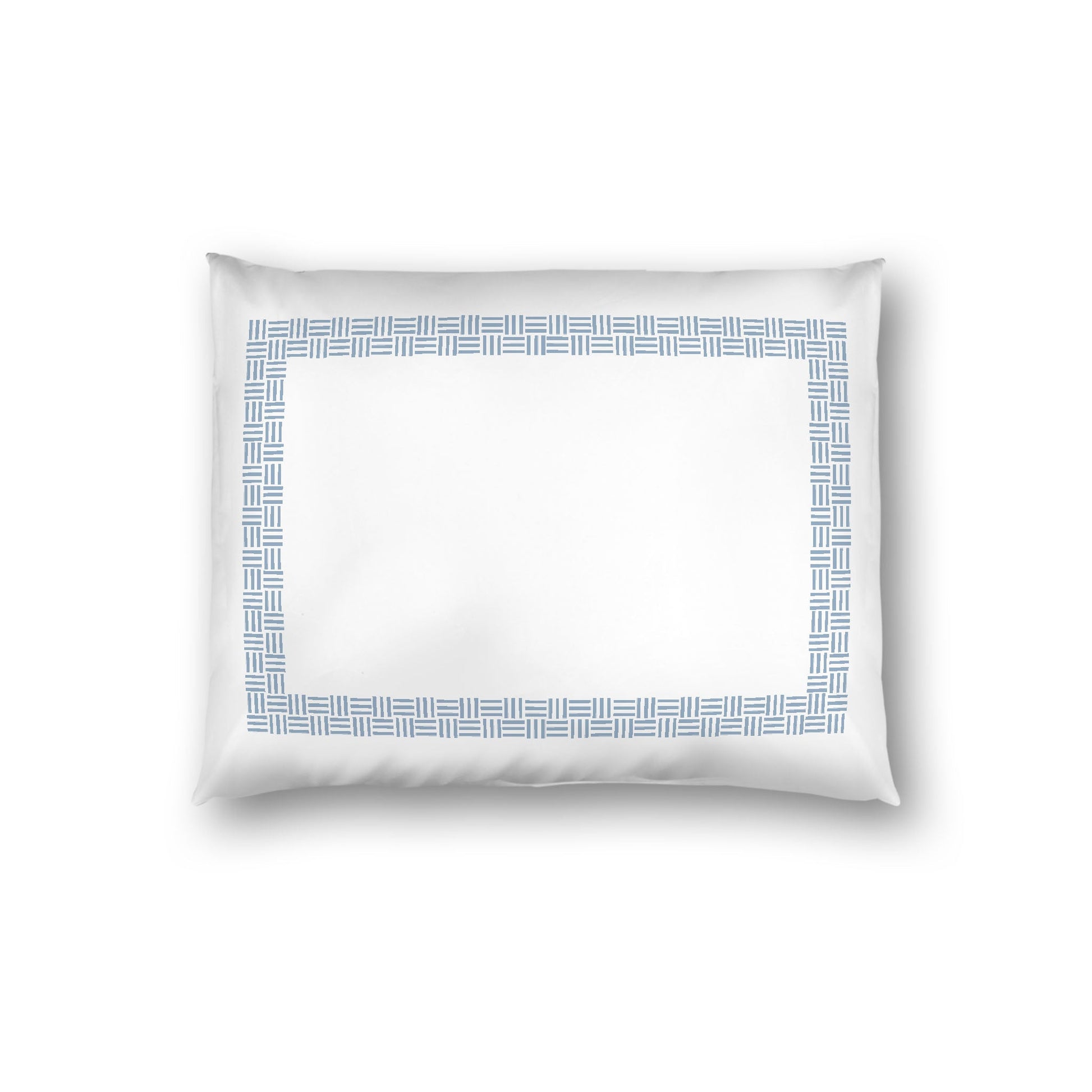 Off-white Cotton Sateen Pillow Sham, Blue Double Weave Motif Print, Classic Border, White Reverse Side, Standard - 20 x 26 inches