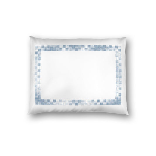 Off-white Cotton Sateen Pillow Sham, Blue Double Weave Motif Print, Classic Border, White Reverse Side, Standard - 20 x 26 inches