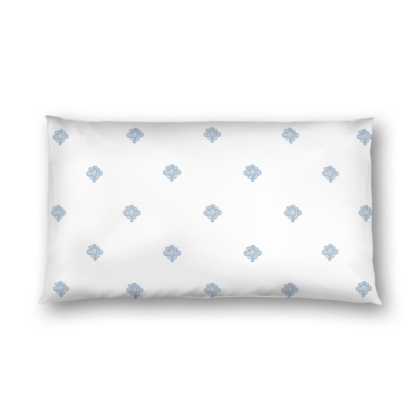 Off-white Cotton Sateen Pillow Sham, Blue Hand-painted Swizzle Motif Print, White Reverse Side, King - 20 x 36 inches