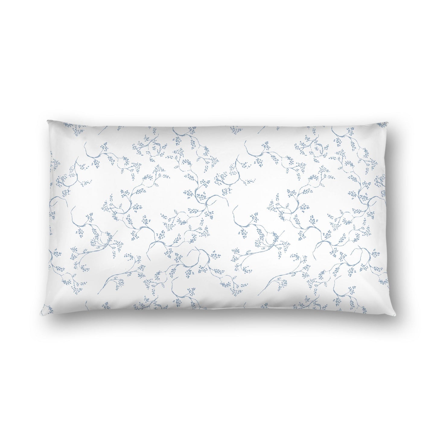 Off-white Cotton Sateen Pillow Sham, Blue Hand-painted Vine Print, White Reverse Side, King - 20 x 36 inches