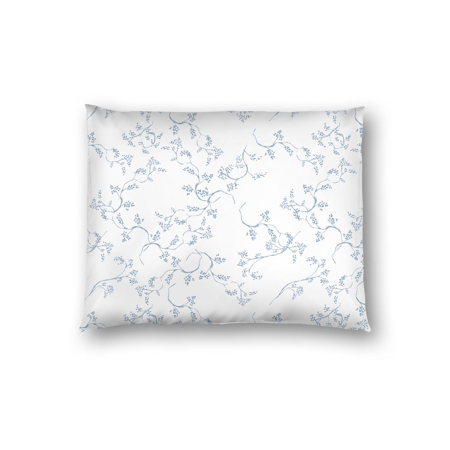 Off-white Cotton Sateen Pillow Sham, Blue Hand-painted Vine Print, White Reverse Side, Standard - 20 x 26 inches