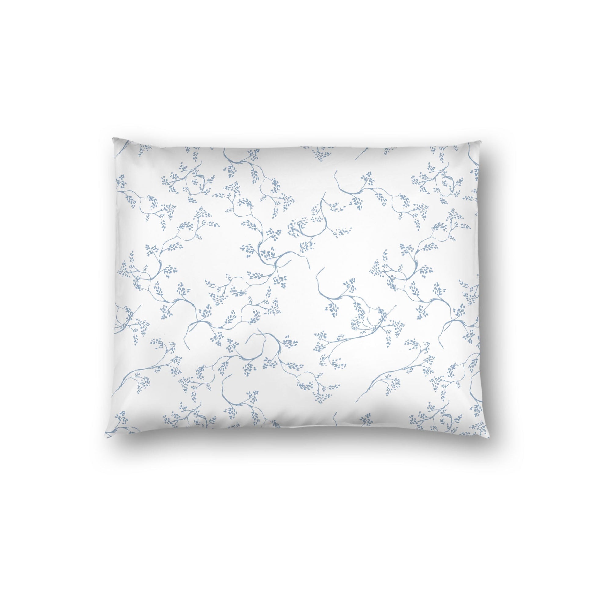 Off-white Cotton Sateen Pillow Sham, Blue Hand-painted Vine Print, White Reverse Side, Standard - 20 x 26 inches