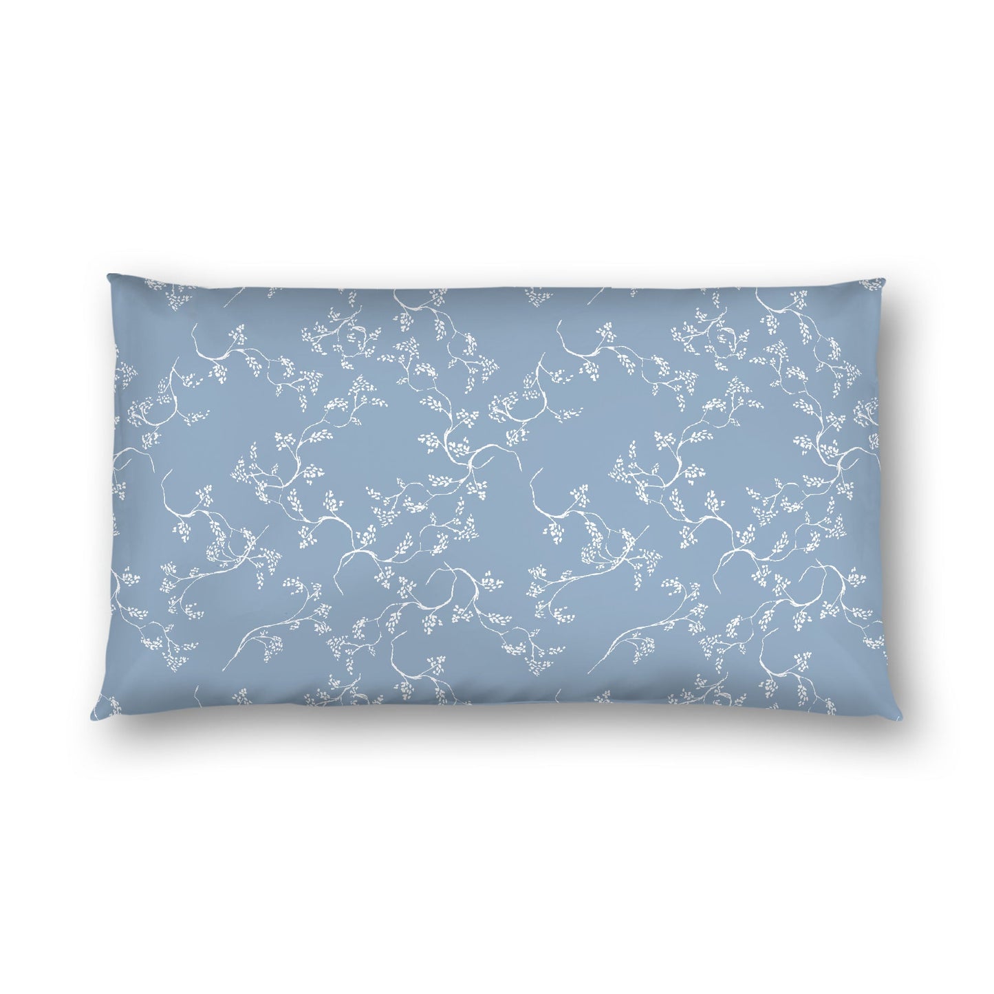 Blue Cotton Sateen Pillow Sham, Off-white Vine Print on Front, White Reverse Side, King - 20 x 36 inches