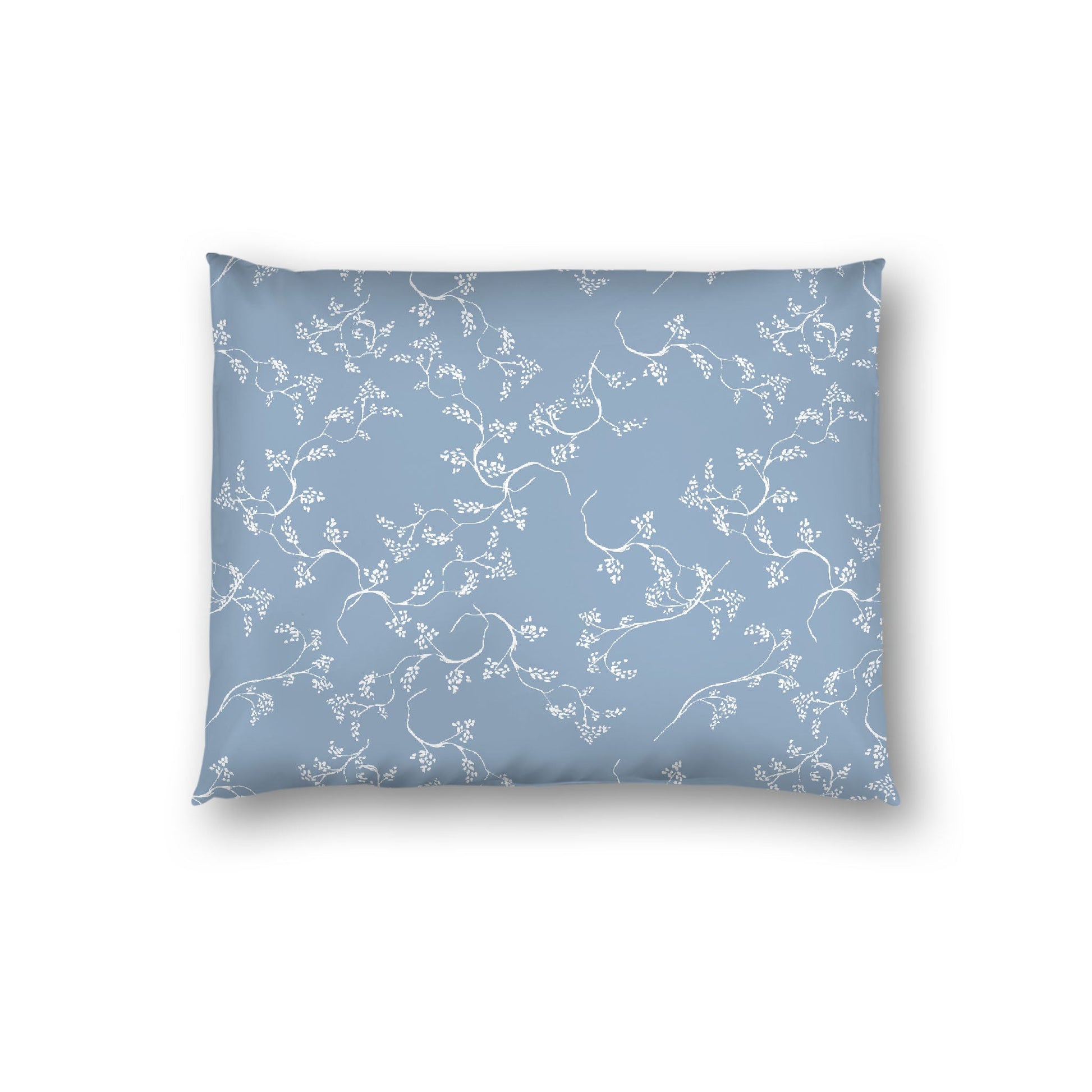 Blue Cotton Sateen Pillow Sham, Off-white Vine Print on Front, White Reverse Side, Standard - 20 x 26 inches