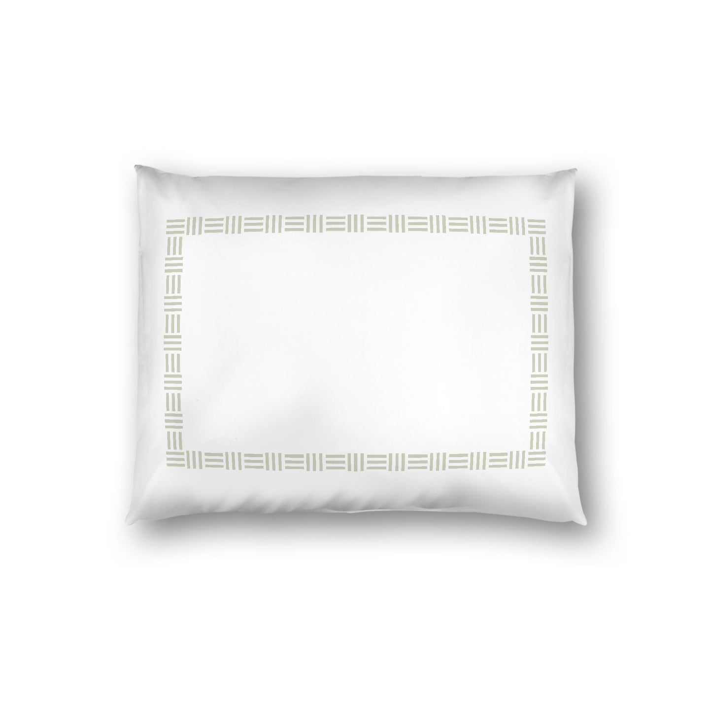 Off-white Cotton Sateen Pillow Sham, Pale Green Single Weave Motif Print, Classic Border, White Reverse Side, Standard - 20 x 26 inches