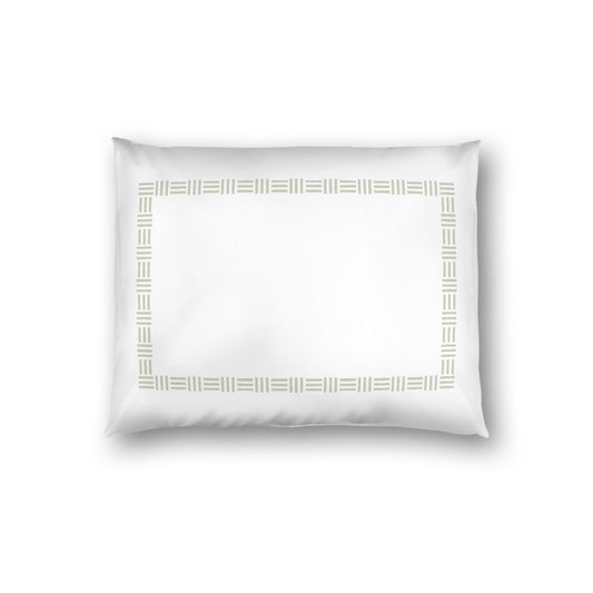 Off-white Cotton Sateen Pillow Sham, Pale Green Single Weave Motif Print, Classic Border, White Reverse Side, Standard - 20 x 26 inches