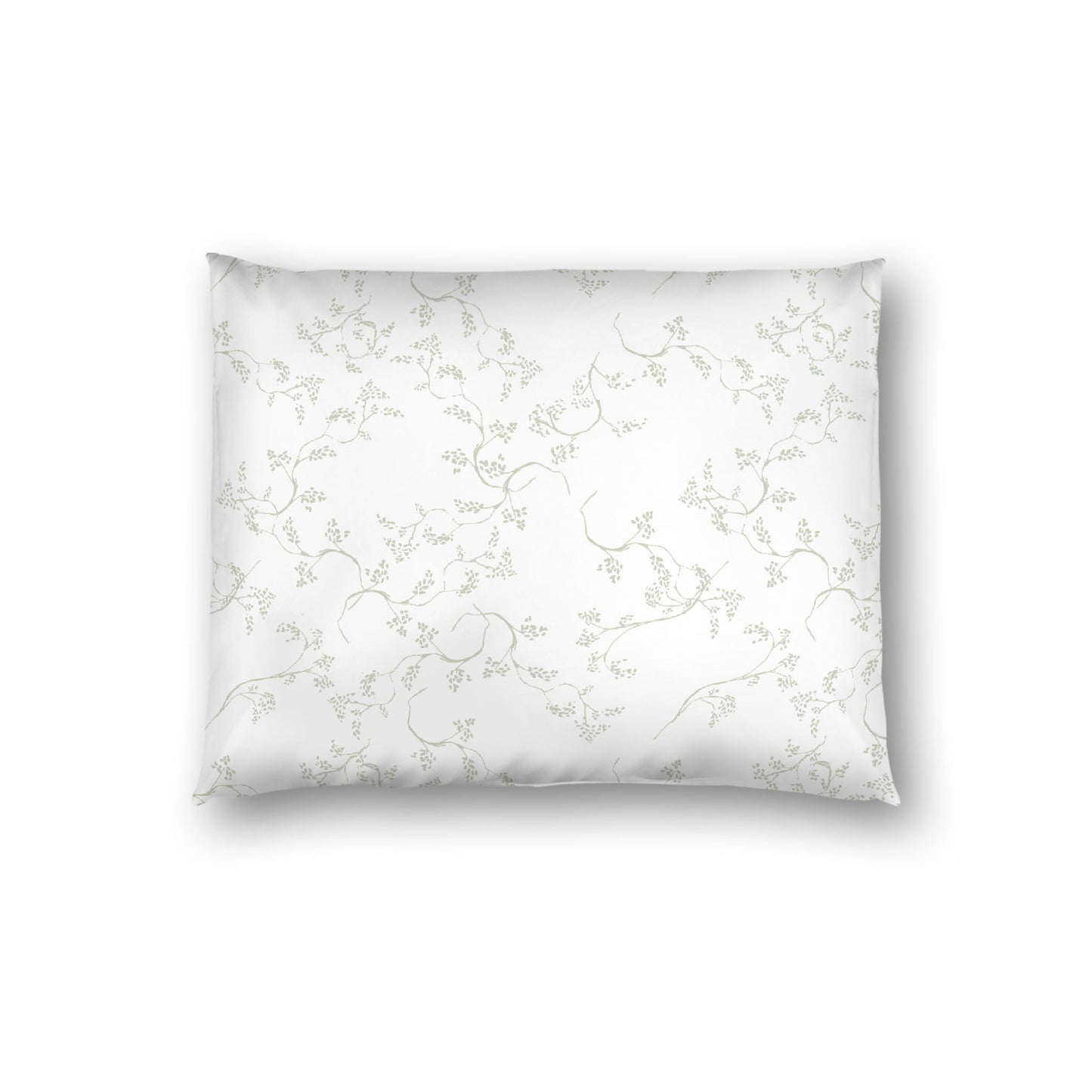 Off-white Cotton Sateen Pillow Sham, Pale Green Hand-painted Vine Print, White Reverse Side, Standard - 20 x 26 inches
