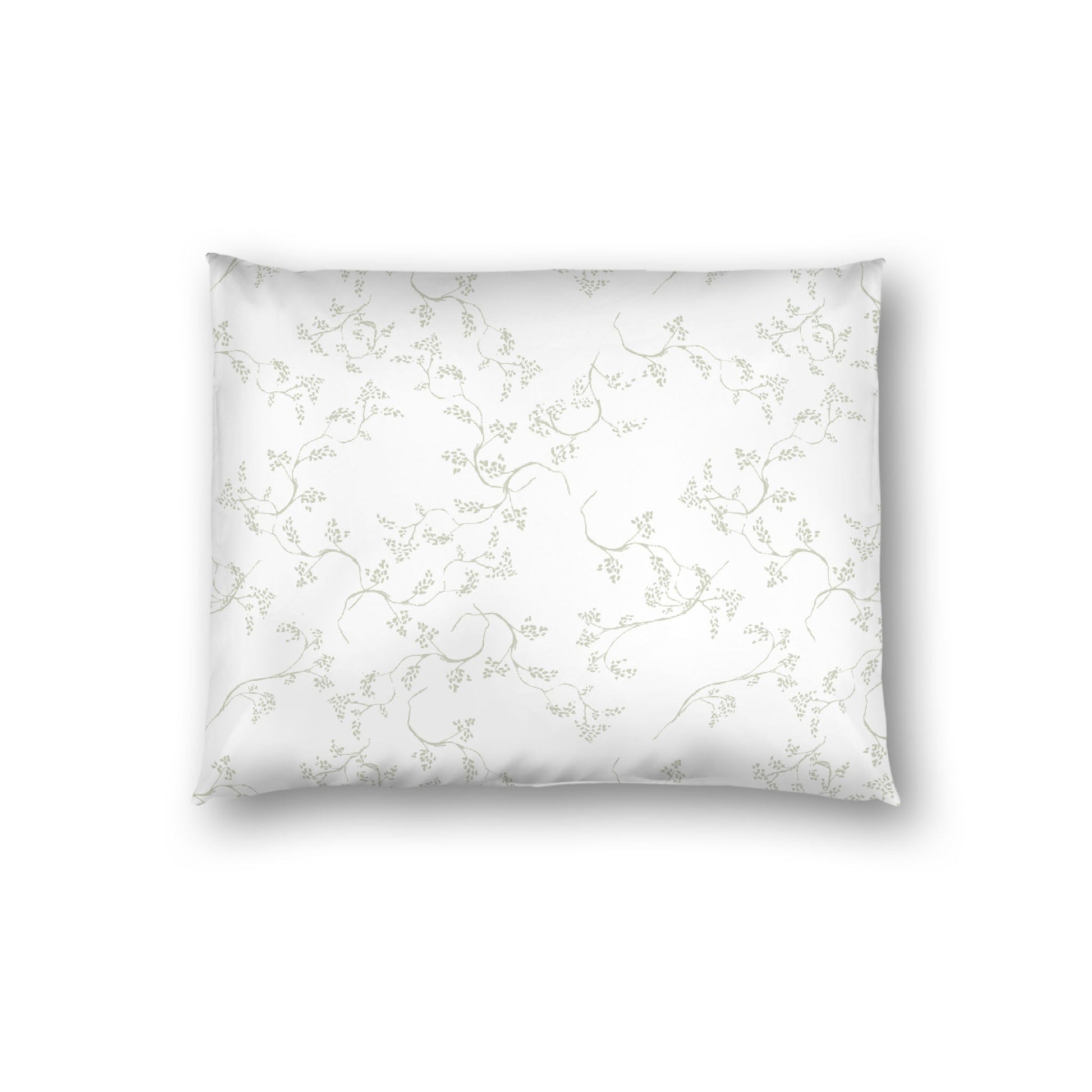 Off-white Cotton Sateen Pillow Sham, Pale Green Hand-painted Vine Print, White Reverse Side, Standard - 20 x 26 inches