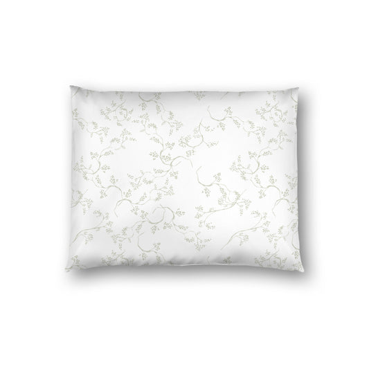 Off-white Cotton Sateen Pillow Sham, Pale Green Hand-painted Vine Print, White Reverse Side, Standard - 20 x 26 inches