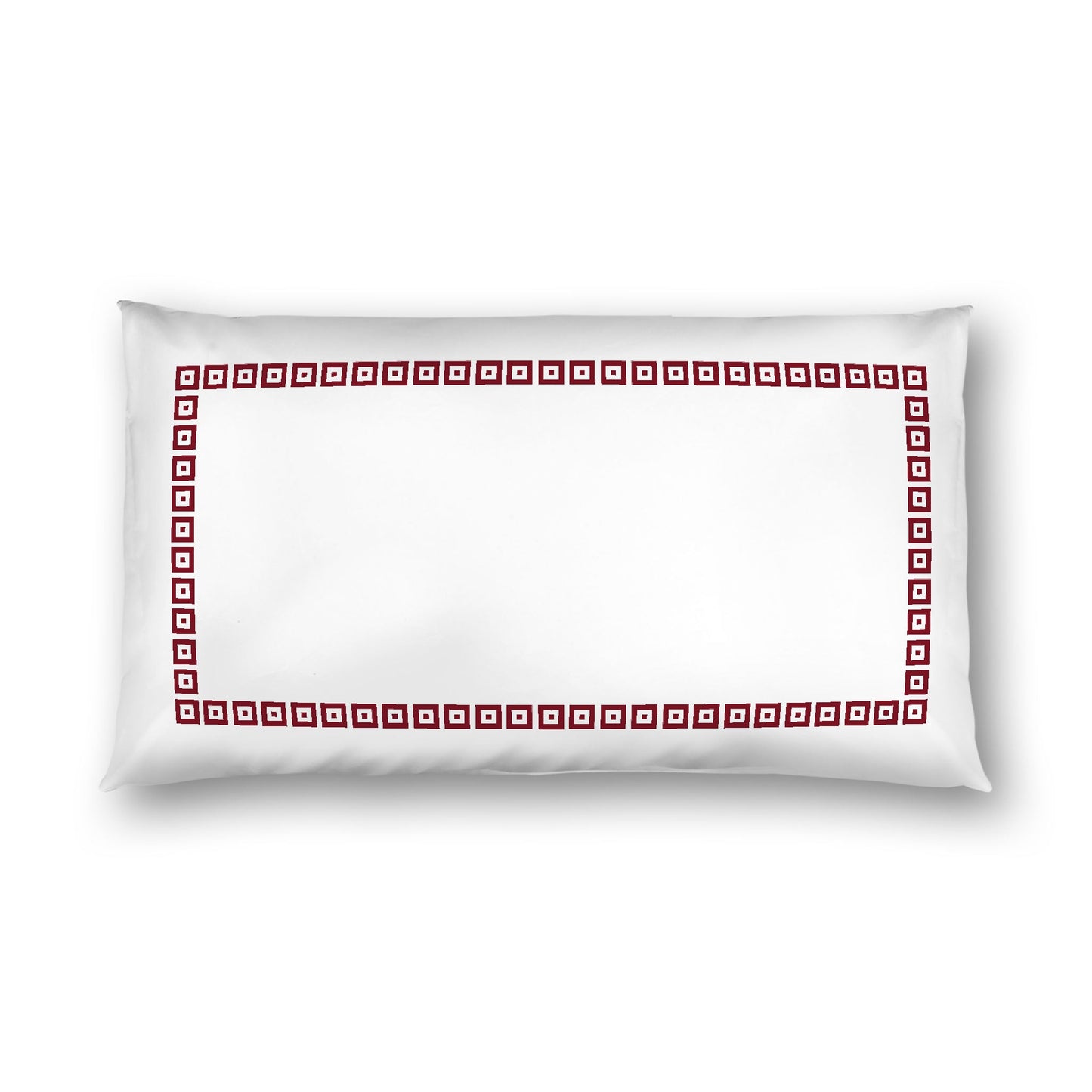 Off-White Cotton Sateen Pillow Sham, Burgundy Red Repeating Square Motif Print, Classic Border, White Reverse Side, King (width x length) 20 x 36 inches / 51 x 91 cm