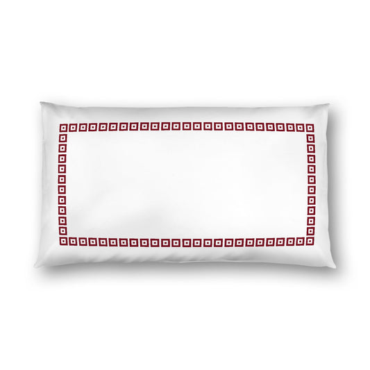 Off-White Cotton Sateen Pillow Sham, Burgundy Red Repeating Square Motif Print, Classic Border, White Reverse Side, King (width x length) 20 x 36 inches / 51 x 91 cm