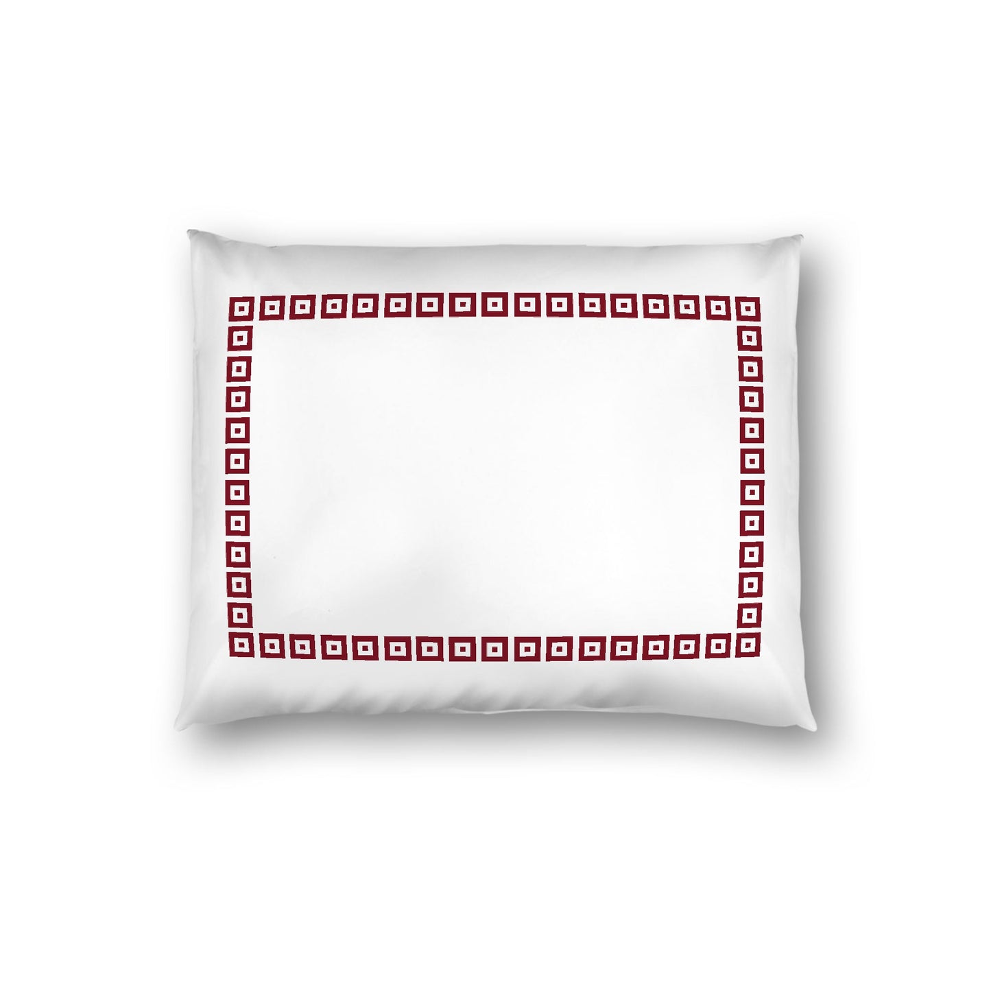 Off-White Cotton Sateen Pillow Sham, Burgundy Red Repeating Square Motif Print, Classic Border, White Reverse Side, Standard (width x length) 20 x 26 inches / 51 x 66 cm