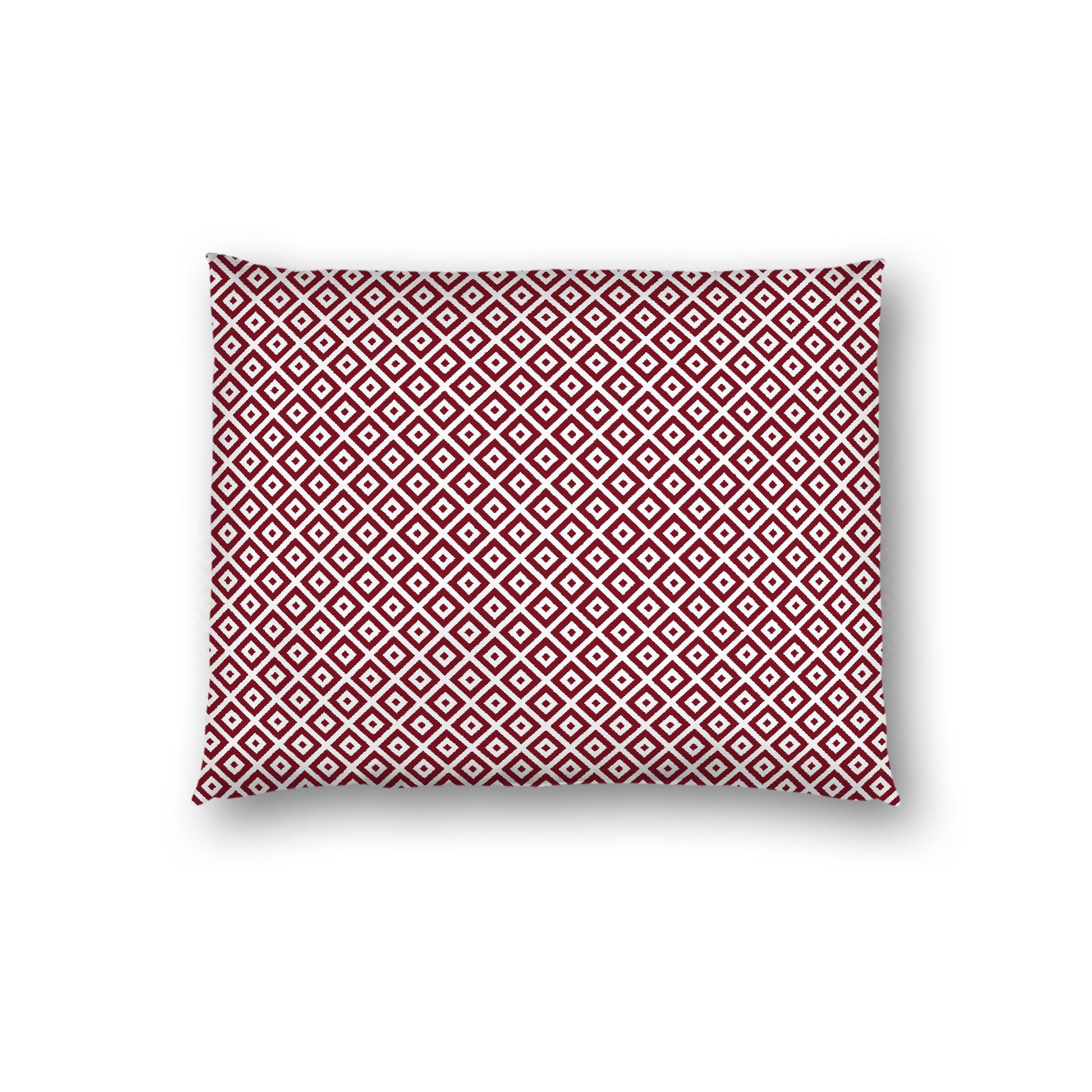 Off-White Cotton Sateen Pillow Sham, Burgundy Red Repeating Square Motif Print, Off-White Revese Side, Standard (width x length) 20 x 26 inches / 51 x 66 cm