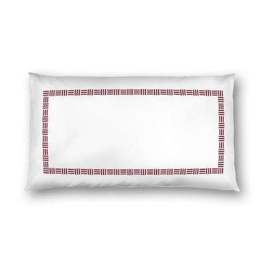 Off-White Cotton Sateen Pillow Sham, Burgundy Red Single Weave Motif Print, Classic Border, White Reverse Side, King (width x length) 20 x 36 inches / 51 x 91 cm