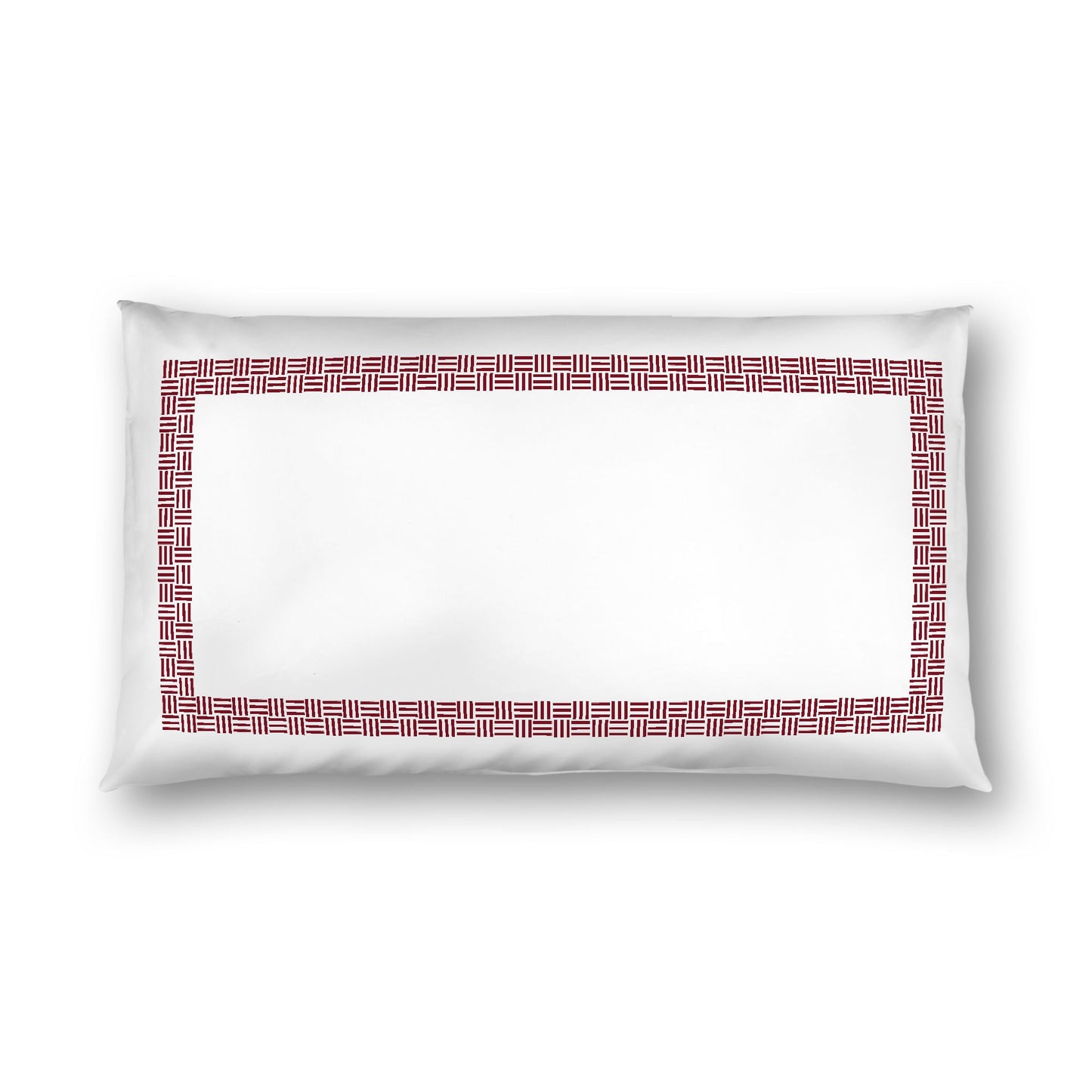 Off-White Cotton Sateen Pillow Sham, Burgundy Red Double Weave Motif Print, Classic Border, White Reverse Side, King (width x length) 20 x 36 inches / 51 x 91 cm