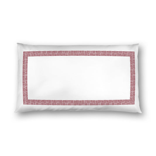 Off-White Cotton Sateen Pillow Sham, Burgundy Red Double Weave Motif Print, Classic Border, White Reverse Side, King (width x length) 20 x 36 inches / 51 x 91 cm