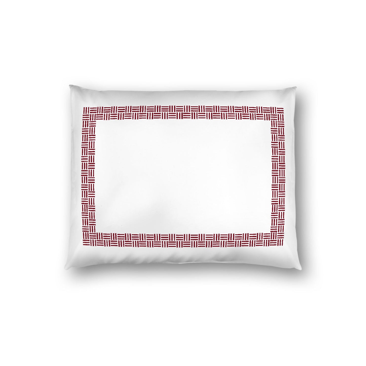 Off-White Cotton Sateen Pillow Sham, Burgundy Red Double Weave Motif Print, Classic Border, White Reverse Side, Standard (width x length) 20 x 26 inches / 51 x 66 cm
