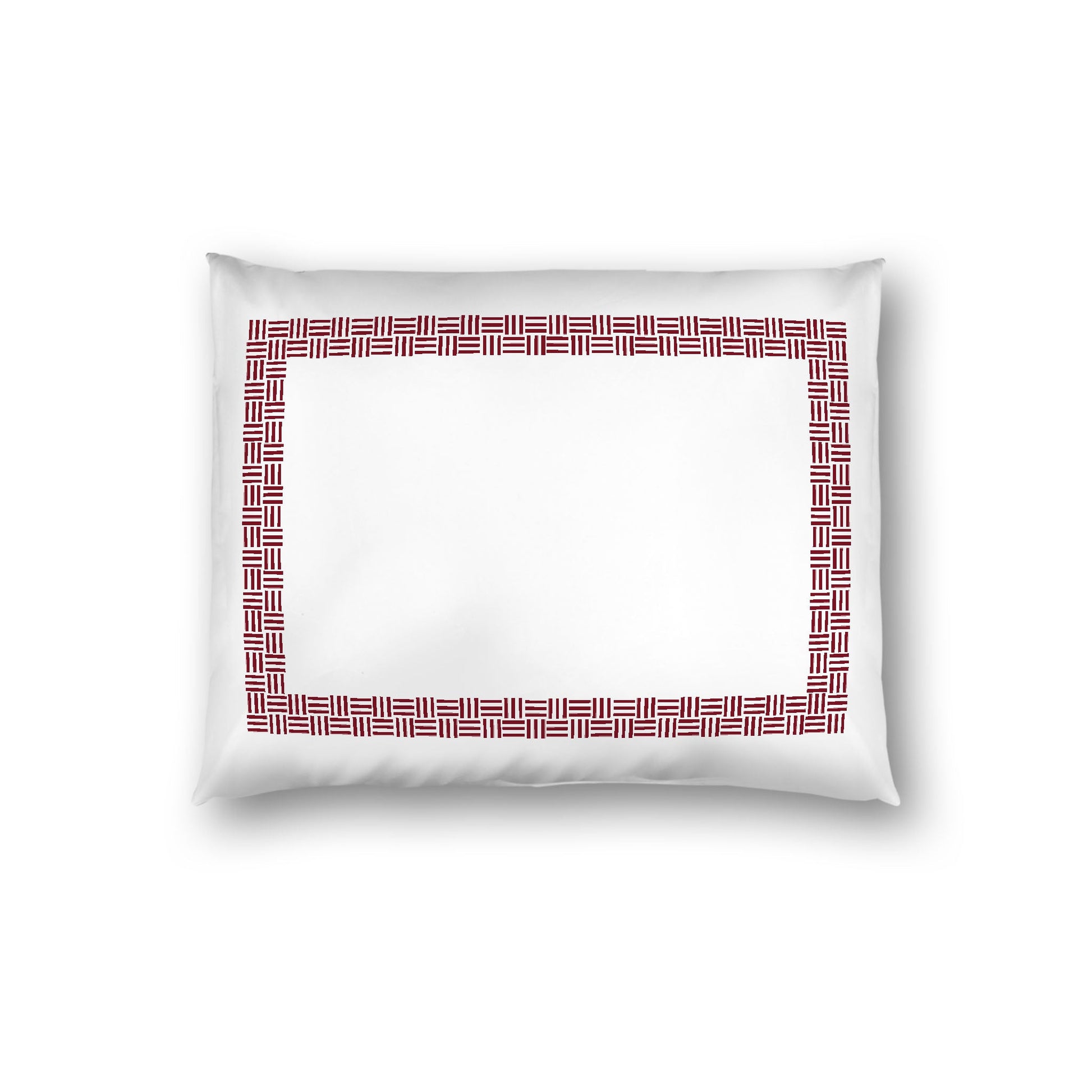 Off-White Cotton Sateen Pillow Sham, Burgundy Red Double Weave Motif Print, Classic Border, White Reverse Side, Standard (width x length) 20 x 26 inches / 51 x 66 cm
