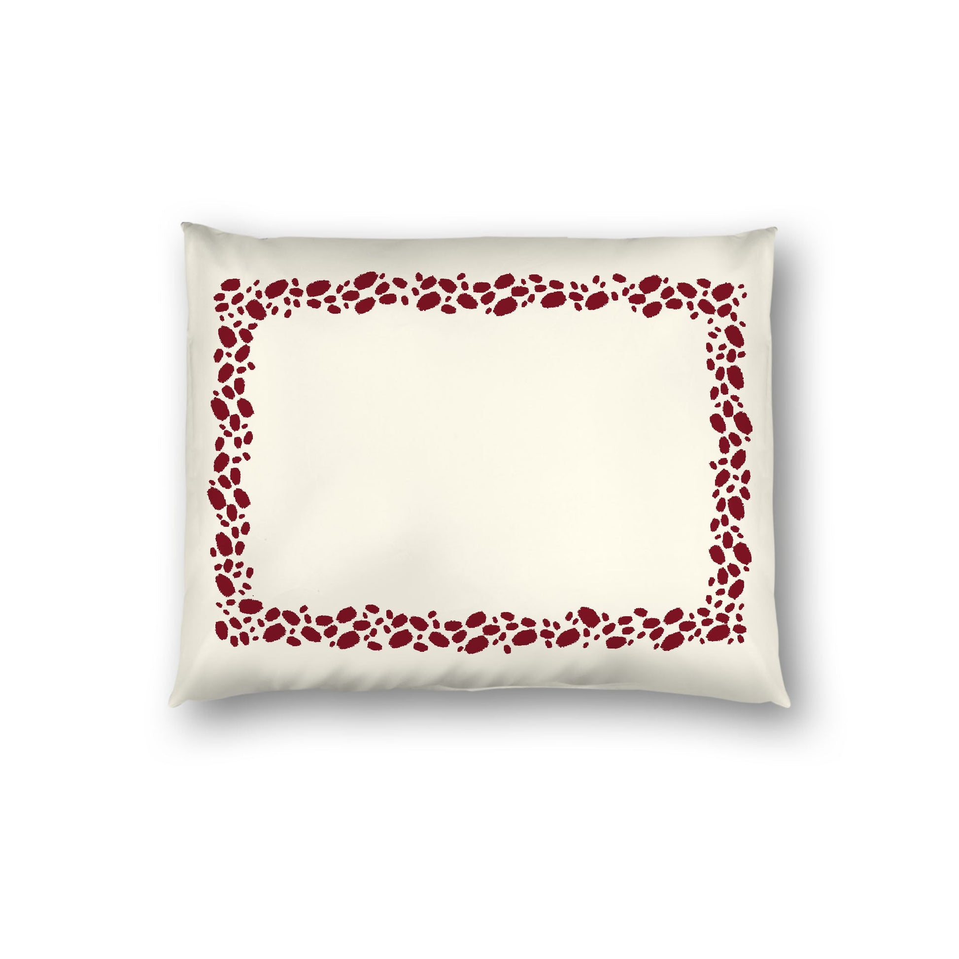 Pale Cream Cotton Sateen Pillow Sham, Burgundy Red Hand-painted Dab Motif Print, Classic Border, White Reverse Side, Standard - 20 x 26 inches