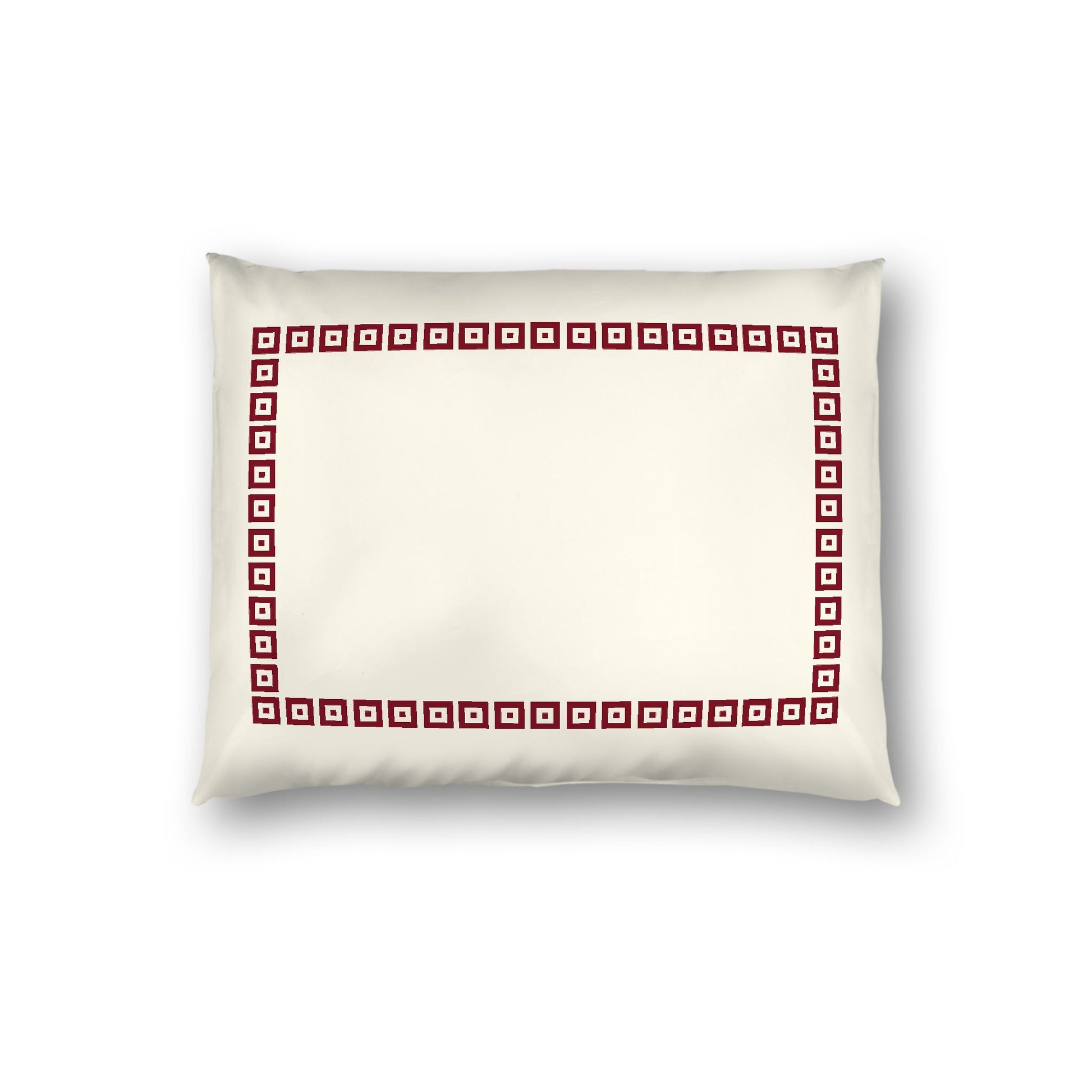 Pale Cream Cotton Sateen Pillow Sham, Burgundy Red Repeating Square Motif Print, Classic Border, White Reverse Side, Standard - 20 x 26 inches