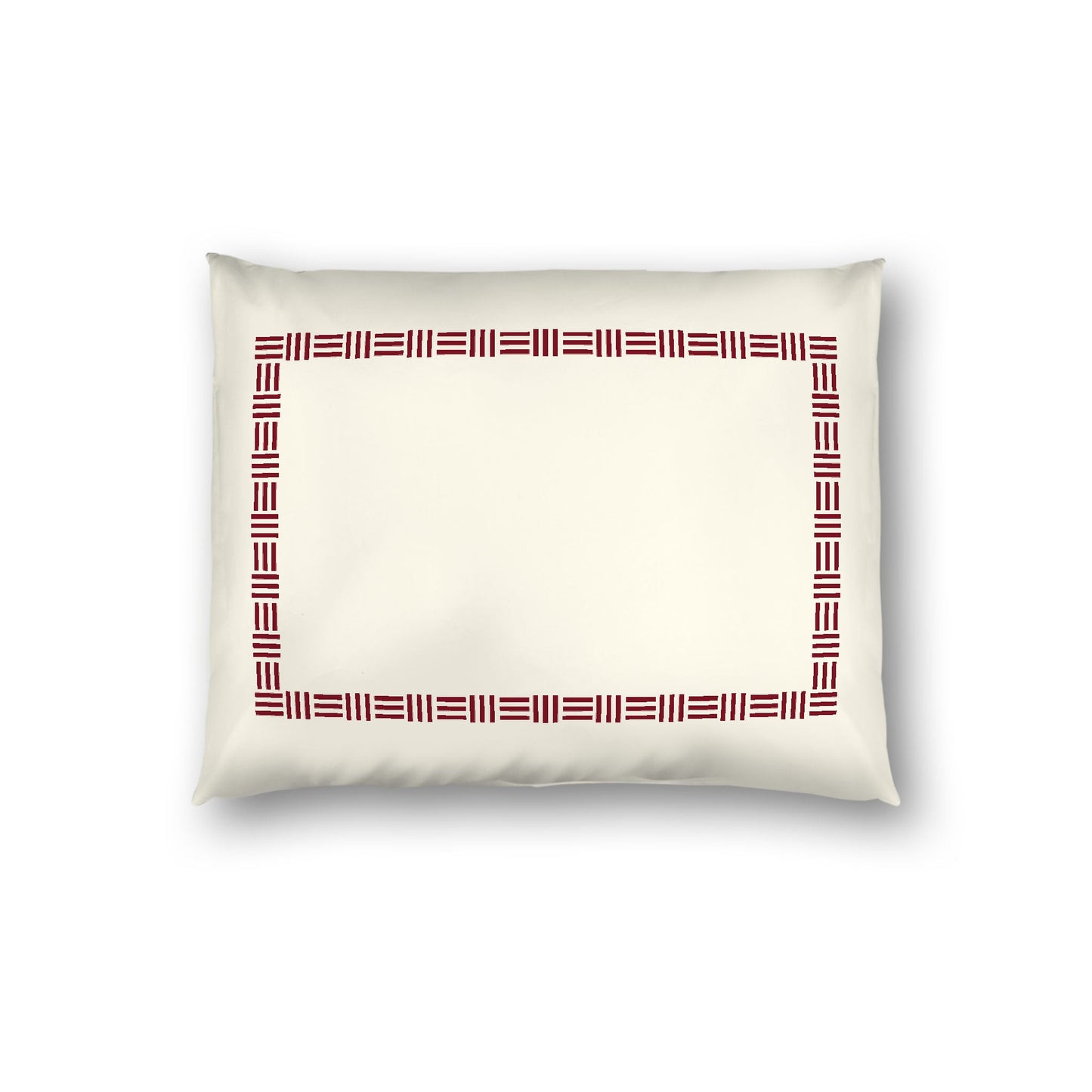 Pale Cream Cotton Sateen Pillow Sham, Burgundy Red Single Weave Motif Print, Classic Border, White Reverse Side, Standard - 20 x 26 inches